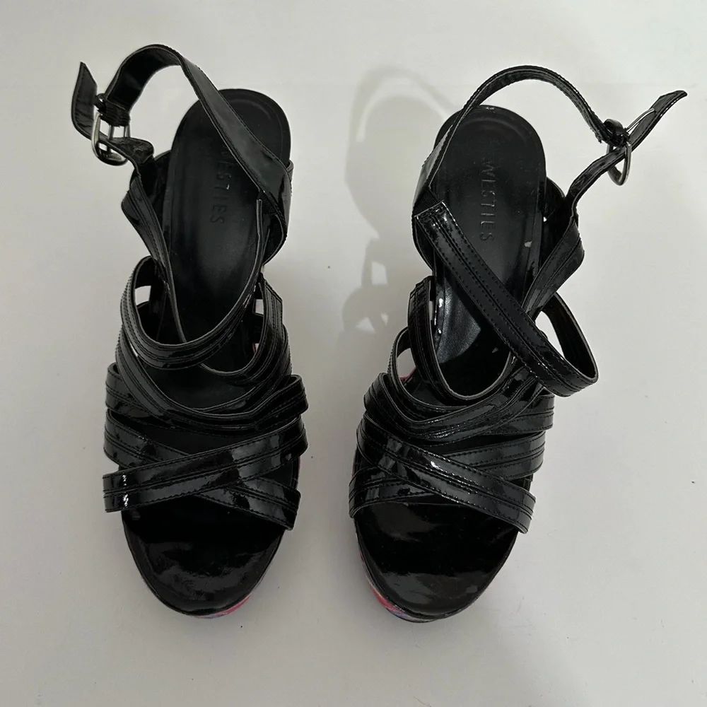 Westies Black Multicolored Stripe Platform Wedge Sandals Size 9 Bohemian Y2K